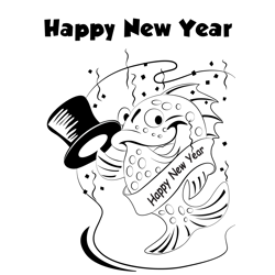 New Year With Fish Free Coloring Page for Kids