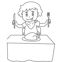 Thanksgiving Boy Eating Turkey Free Coloring Page for Kids