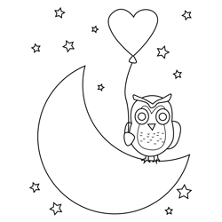 Owl On The Moon With Love Balloon Free Coloring Page for Kids