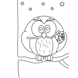 Owl Sitting On Branch With Rose Free Coloring Page for Kids