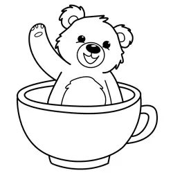 Cute Waving Bear In Teacup Free Coloring Page for Kids