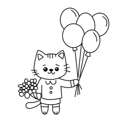 Cute Cat with Balloons Free Coloring Page for Kids