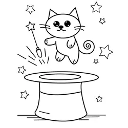 Cute Cat Magic Show Free Coloring Page for Kids