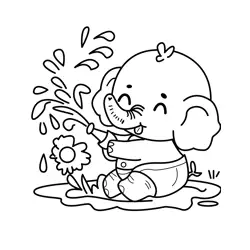 Playful Elephant Sprays Water Free Coloring Page for Kids