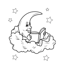 Smiling Moon Reads on Cloud Free Coloring Page for Kids