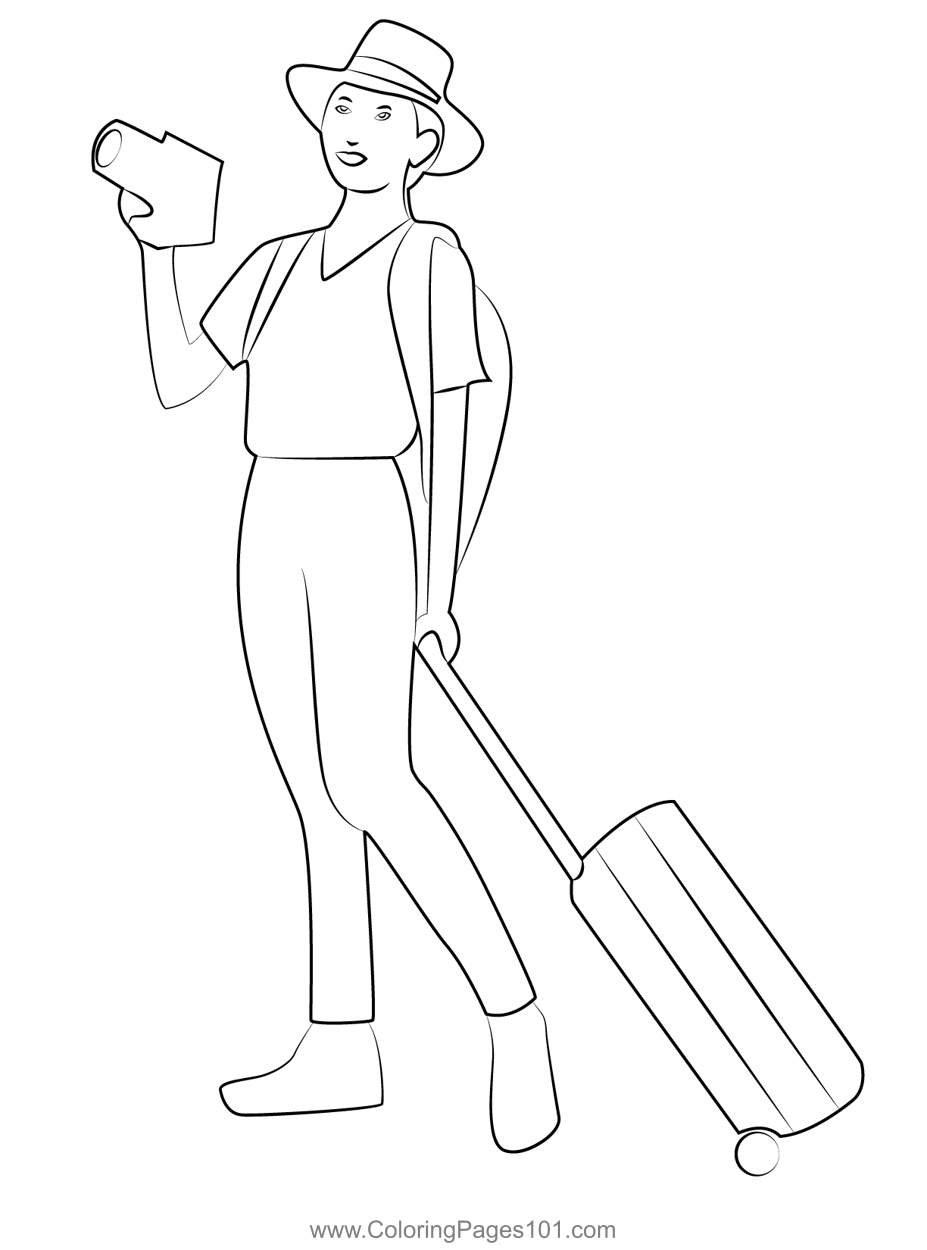 Traveling Women Coloring Page for Kids - Free Women Printable Coloring