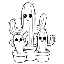 Cute Cactus Family in Pots Free Coloring Page for Kids