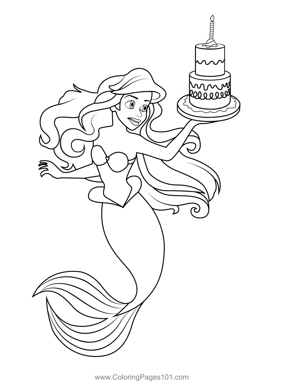 Ariel with Yummy Cake Coloring Page for Kids Free Ariel Printable