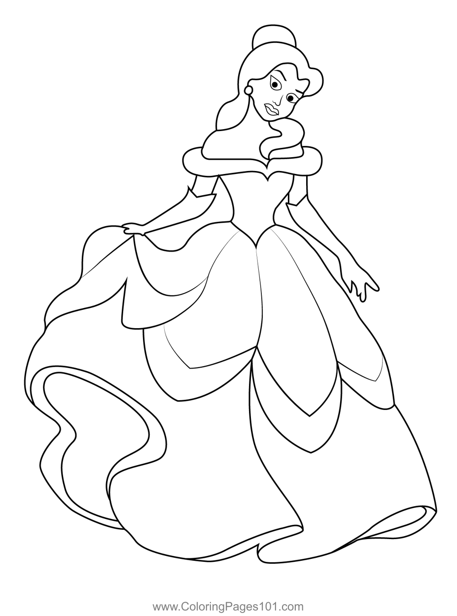 Belle in Gown Coloring Page for Kids - Free Belle Printable Coloring ...