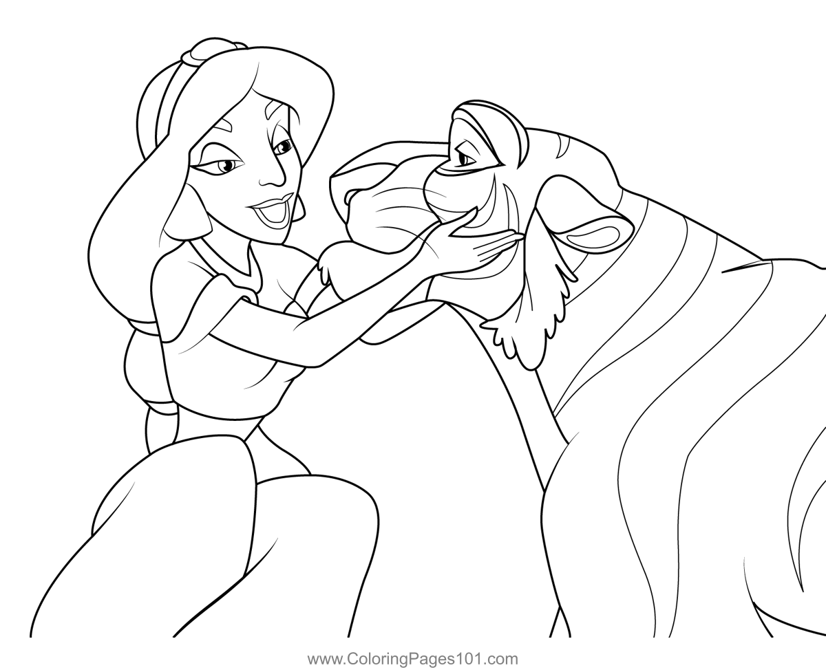 Jasmine with Tiger Coloring Page for Kids - Free Jasmine Printable
