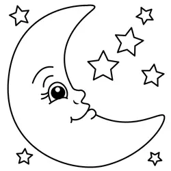 Cute Moon and Stars Free Coloring Page for Kids