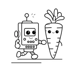 Friendly Robot and Carrot Duo Free Coloring Page for Kids